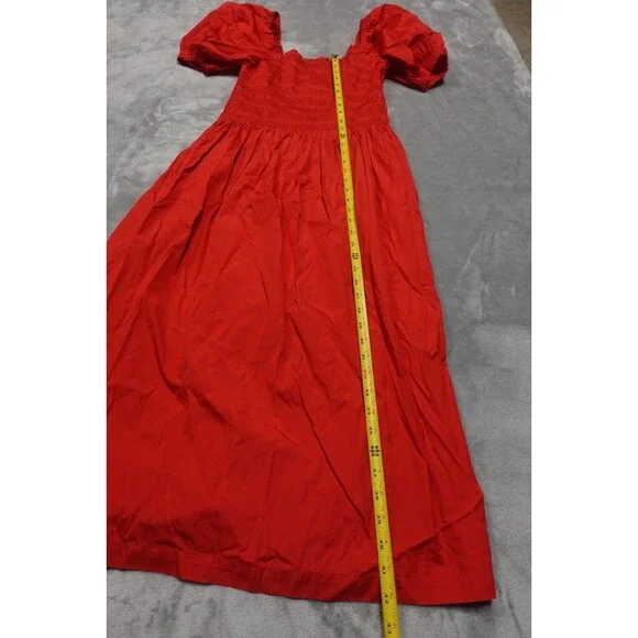 Madewell Women's Size Medium Cerise Red Smocked Poplin Puff Sleeve Midi Dress - Picture 2 of 7